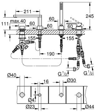 GROHE PLUS baterie na okraj vany, 4-otvorová, s přepínačem, se sprchovou soupravou, chrom 29307003 Technický nákres