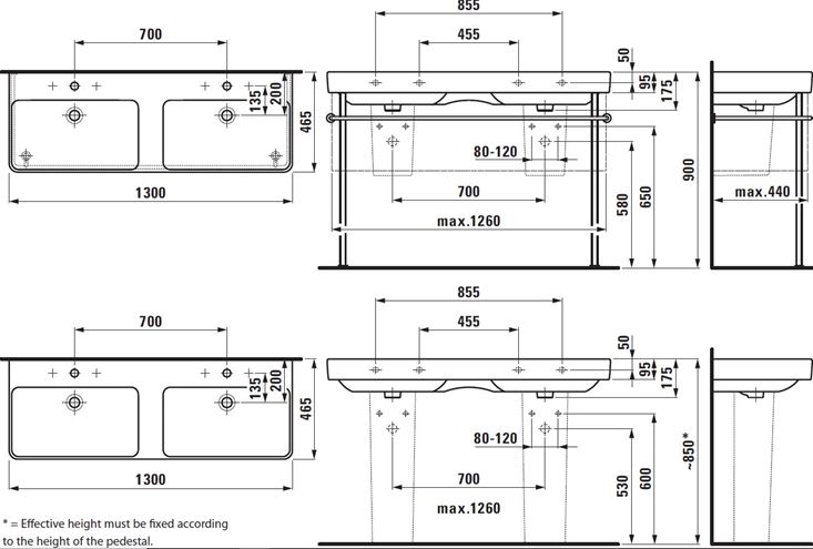 LAUFEN PRO S dvojumyvadlo 130 cm, se 3 otvory pro baterii a přepadem, LCC H8149684001081 Technický nákres