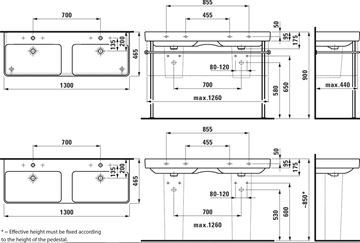 LAUFEN PRO S dvojumyvadlo 130 cm, se 3 otvory pro baterii a přepadem, LCC H8149684001081 Technický nákres