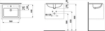 LAUFEN PRO S umyvadlo 56 cm, s otvorem pro baterii a přepadem, LCC H8189634001041 Technický nákres