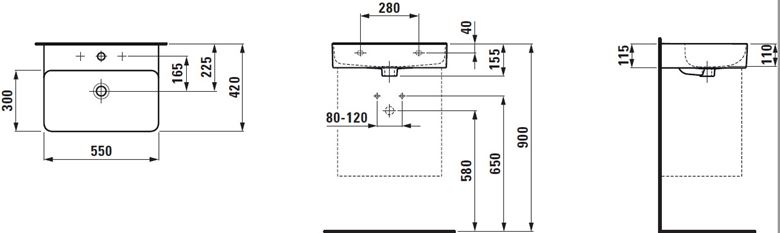 LAUFEN VAL umyvadlo 55 cm, s otvorem pro baterii a přepadem H8102820001041 Technický nákres