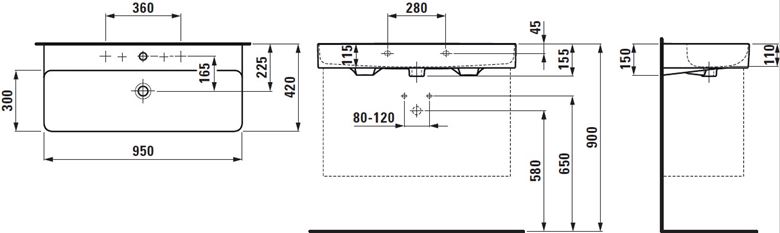 LAUFEN VAL umyvadlo 95 cm, s otvorem pro baterii a přepadem, LCC H8102874001041 Technický nákres