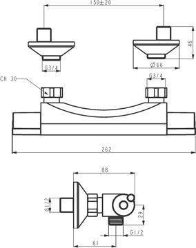 NOVASERVIS AQUALIGHT sprchová nástěnná termostatická baterie, chrom 2560/1,0 Technický nákres