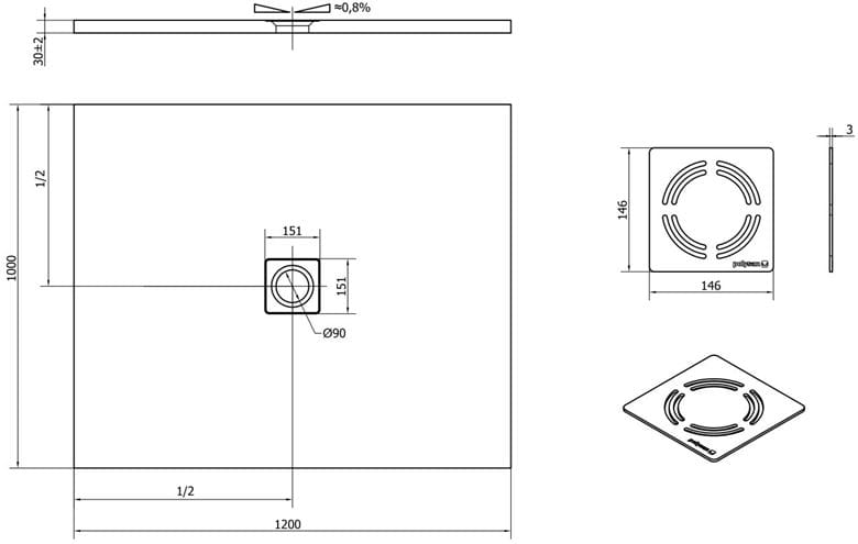 POLYSAN FLEXIA sprchová vanička 120x100 cm, litý mramor, bez nožiček 71563 Technický nákres