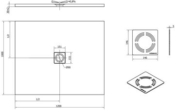 POLYSAN FLEXIA sprchová vanička 120x100 cm, litý mramor, bez nožiček 71563 Technický nákres