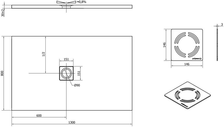 POLYSAN FLEXIA sprchová vanička 130x80 cm, litý mramor, bez nožiček 72899 Technický nákres