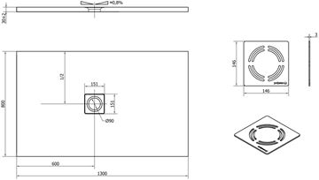 POLYSAN FLEXIA sprchová vanička 130x80 cm, litý mramor, bez nožiček 72899 Technický nákres