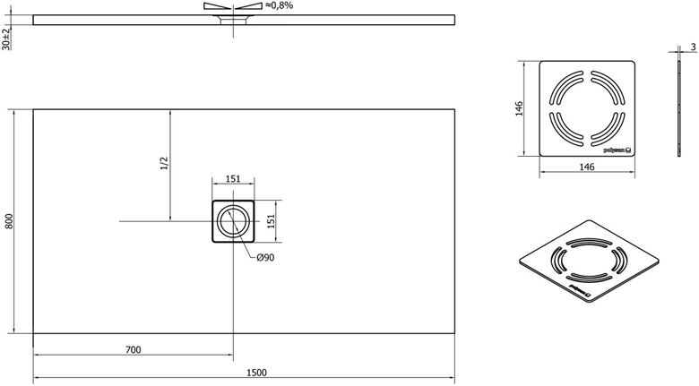 POLYSAN FLEXIA sprchová vanička 150x80 cm, litý mramor, bez nožiček 72901 Technický nákres