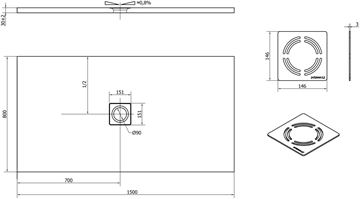 POLYSAN FLEXIA sprchová vanička 150x80 cm, litý mramor, bez nožiček 72901 Technický nákres