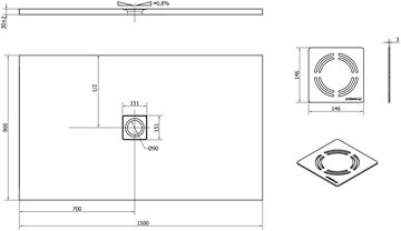 POLYSAN FLEXIA sprchová vanička 150x90 cm, litý mramor, bez nožiček 72898 Technický nákres
