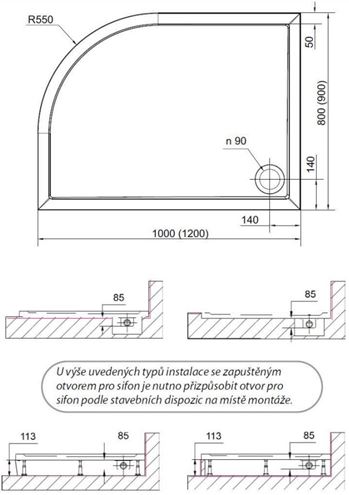 POLYSAN RENA L sprchová vanička 120x90 cm, R550, litý mramor, bez nožiček 64611 Technický nákres