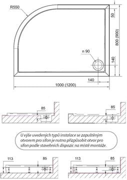 POLYSAN RENA L sprchová vanička 120x90 cm, R550, litý mramor, bez nožiček 64611 Technický nákres