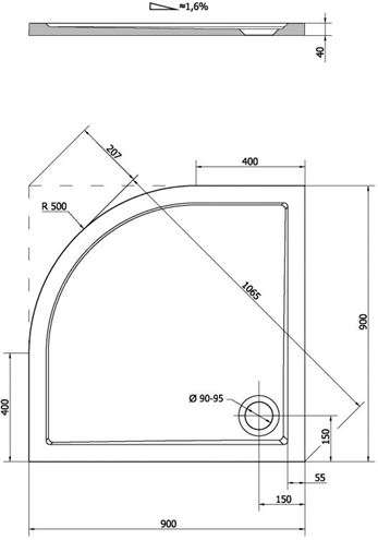 POLYSAN SERA 90 sprchová vanička 90x90 cm, R500, litý mramor, bez nožiček 61511 Technický nákres