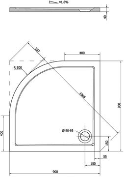 POLYSAN SERA 90 sprchová vanička 90x90 cm, R500, litý mramor, bez nožiček 61511 Technický nákres