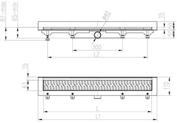 EASY sprchový žlab 650 mm, ke stěně, boční odtok D 40, rošt HARMONY, plast/nerez ocel lesk EPZ20-ZP-650 Technický nákres