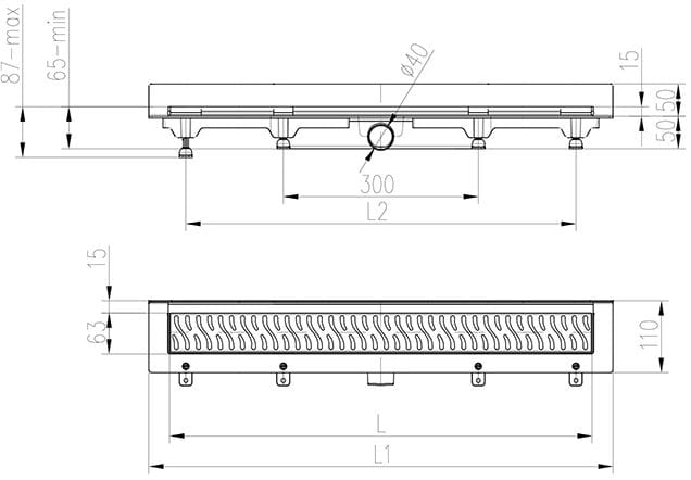 EASY sprchový žlab 650 mm, ke stěně, boční odtok D 40, rošt HARMONY, plast/nerez ocel lesk EPZ20-ZP-650 Technický nákres