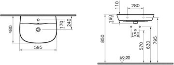 CONCEPT 100 umyvadlo 60 cm, s otvorem pro baterii a přepadem, VitrA Clean, alpská bílá 7280L003-1425 Technický nákres