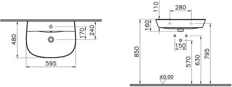 CONCEPT 100 umyvadlo 60 cm, s otvorem pro baterii a přepadem, VitrA Clean, alpská bílá 7280L003-1425 Technický nákres