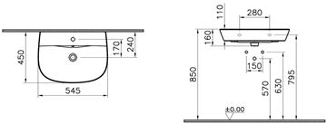 CONCEPT 100 umyvadlo 55 cm s otvorem pro baterii a přepadem, VitrA Clean, alpská bílá 7281L003-1425 Technický nákres