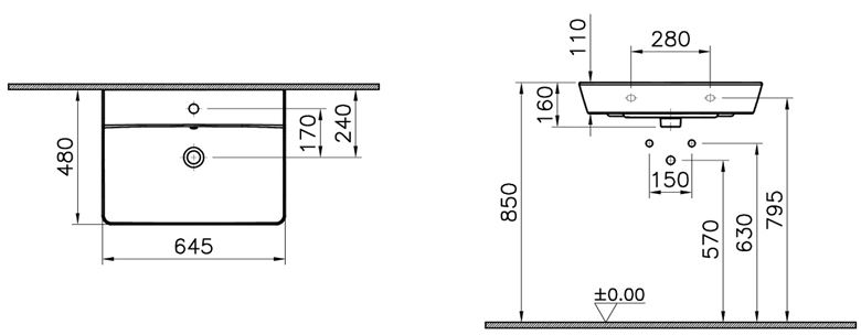 CONCEPT 100 umyvadlo 65 cm, s otvorem pro baterii a přepadem, alpská bílá 7283L003-1425 Technický nákres