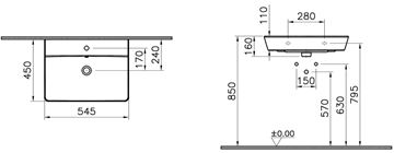 CONCEPT 100 umyvadlo 55 cm, s otvorem pro baterii a přepadem, alpská bílá 7285L003-1425 Technický nákres
