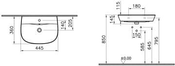 CONCEPT 100 umývátko 44,5 cm, s otvorem pro baterii a přepadem, alpská bílá 7282L003-1425 Technický nákres