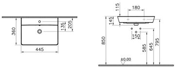 CONCEPT 100 umývátko 44,5 cm, s otvorem pro baterii a přepadem, alpská bílá 7286L003-1425 Technický nákres