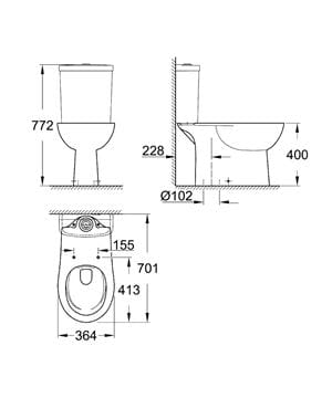 GROHE BAU CERAMIC WC kombi mísa, Rimless splachování, spodní odpad, alpská bílá 39429000 Technický nákres