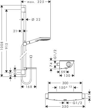 HANSGROHE RAINDANCE SELECT E 120 sprchový set s termostatickou baterií, ruční sprcha se 3 proudy, tyč, hadice, bílá/chrom 27039400 Technický nákres
