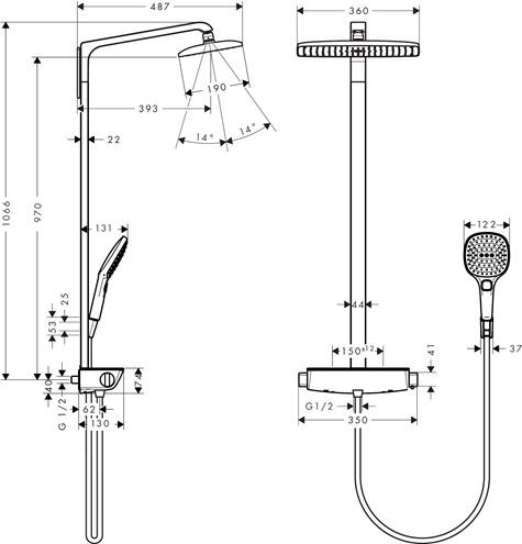HANSGROHE RAINDANCE E SHOWEPIPE 360 sprchový set s termostatickou baterií, horní sprcha, ruční sprcha se 3 proudy, bílá/chrom 27112400 Technický nákres