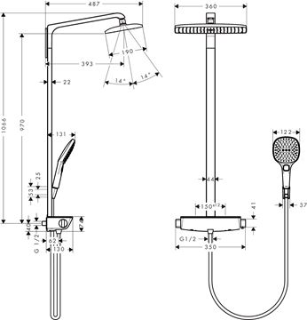 HANSGROHE RAINDANCE E SHOWEPIPE 360 sprchový set s termostatickou baterií, horní sprcha, ruční sprcha se 3 proudy, bílá/chrom 27112400 Technický nákres