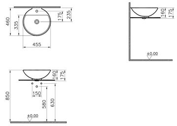 VITRA GEO umyvadlo na desku 45,5 cm, s otvorem pro baterii a přepadem 6166B003-0001 Technický nákres
