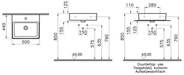 VITRA NUO umyvadlo na desku 50 cm, s otvorem pro baterii a přepadem 7431B003-0001 Technický nákres