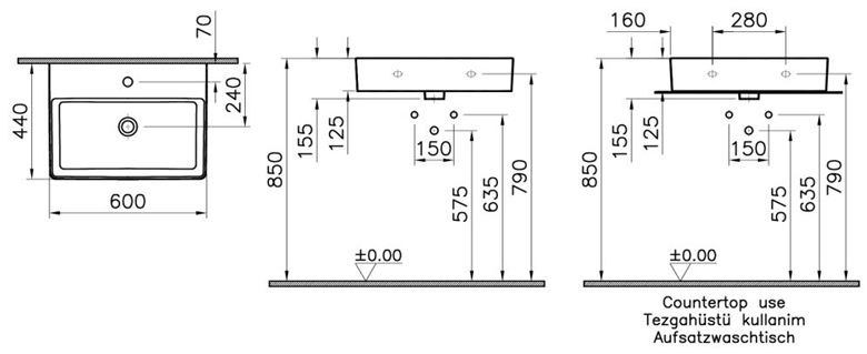 VITRA NUO umyvadlo na desku 60 cm, s otvorem pro baterii a přepadem 7432B003-0001 Technický nákres