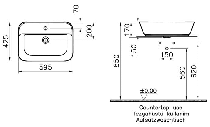 VITRA GEO umyvadlo na desku 59,5 cm, s otvorem pro baterii a přepadem, VitrAhygiene 7426B003-0001 Technický nákres