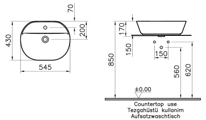 VITRA GEO umyvadlo na desku 55 cm, s otvorem pro baterii a přepadem, VitrAhygiene 7428B003-0001 Technický nákres