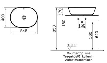 VITRA GEO umyvadlová mísa 55 cm, s přepadem, VitrAhygiene 7427B003-0012 Technický nákres