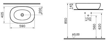 VITRA OUTLINE umyvadlová mísa 59 cm, bez přepadu, VitrAhygiene 5995B403-0016 Technický nákres