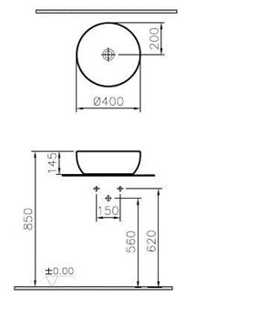 VITRA OUTLINE umyvadlová mísa 40 cm, bez přepadu, VitrAhygiene, matná černá 5992B483-0016 Technický nákres