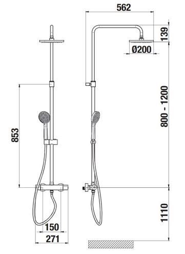 JIKA MIO sprchový set s termostatickou baterií, horní sprcha, ruční sprcha se 3 proudy, teleskopická tyč, hadice, Eco Stop, chrom H3337170045711 Technický nákres