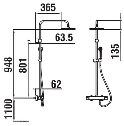 LAUFEN CITYPRO prchový set s termostatickou baterií, horní sprcha, ruční sprcha se, tyč, hadice, chrom HF500957100600 Technický nákres