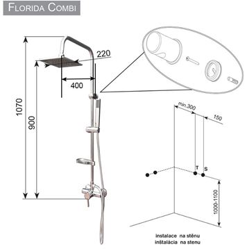 ROTH PROJECT sprchový set Florida Combi s baterií, horní sprcha, ruční sprcha, tyč, hadice, chrom 4000322 Technický nákres
