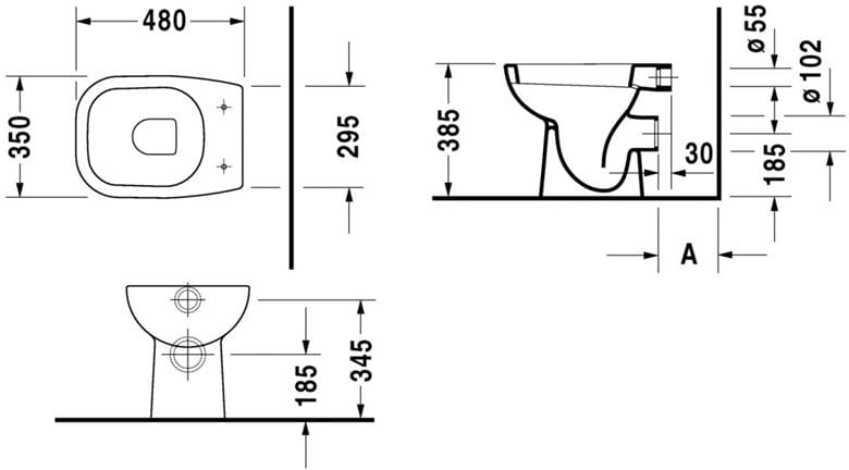 DURAVIT D-CODE stacionární WC, zadní odpad 21080900002 Technický nákres