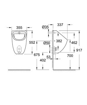 GROHE BAU CERAMIC pisoár, zadní přívod vody, alpská bílá 39438000 Technický nákres