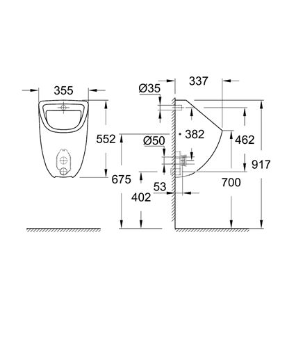 GROHE BAU CERAMIC pisoár, zadní přívod vody, alpská bílá 39438000 Technický nákres