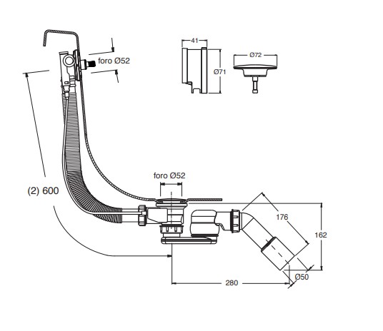 CONCEPT 200 vanový sifon 60 cm, s napouštěním přepadem, bovden, chrom CRID62167951CON Technický nákres