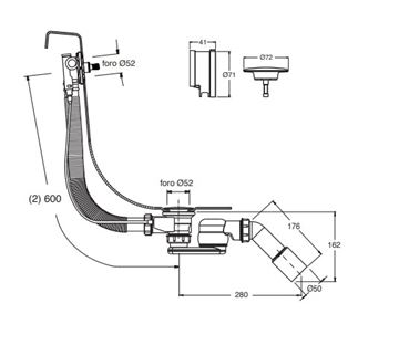 CONCEPT 200 vanový sifon 60 cm, s napouštěním přepadem, bovden, chrom CRID62167951CON Technický nákres