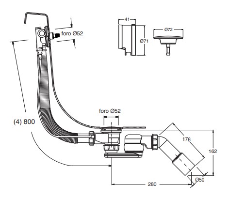 CONCEPT 200 vanový sifon 80 cm, s napouštěním přepadem, bovden, chrom CRID64167951CON Technický nákres