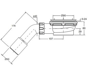 CONCEPT 200 nízký vaničkový sifon pr. 90 mm, bez krytky CRIAD45300CON Technický nákres