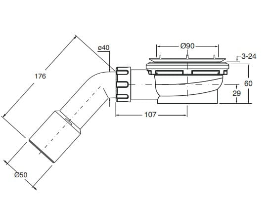 CONCEPT 200 nízký vaničkový sifon pr. 90 mm, bez krytky CRIAD45300CON Technický nákres